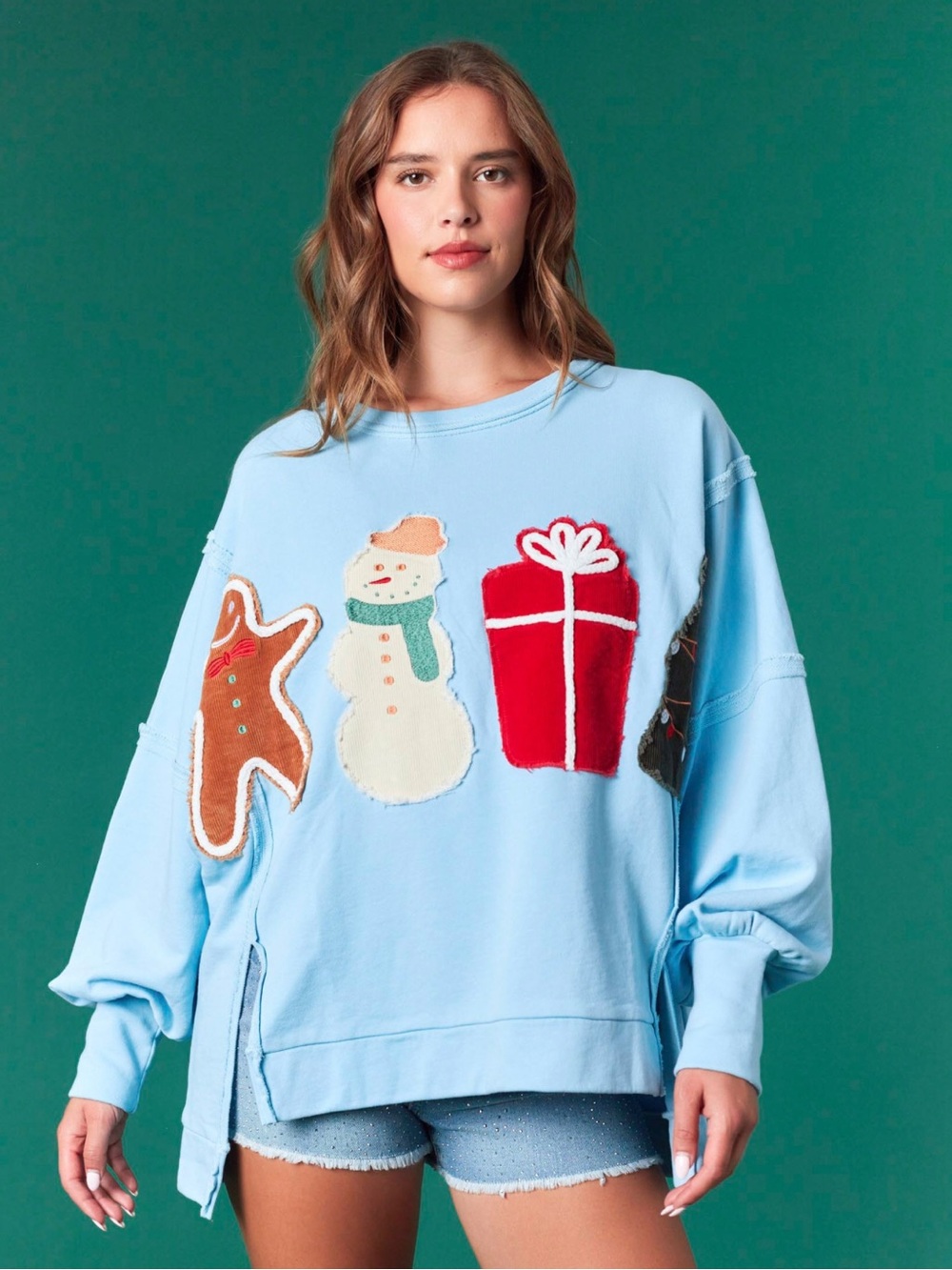 W1–🤍🩵🎄☃️ Fantastic Fawn Light Blue Holiday Appliqué Sweatshirt